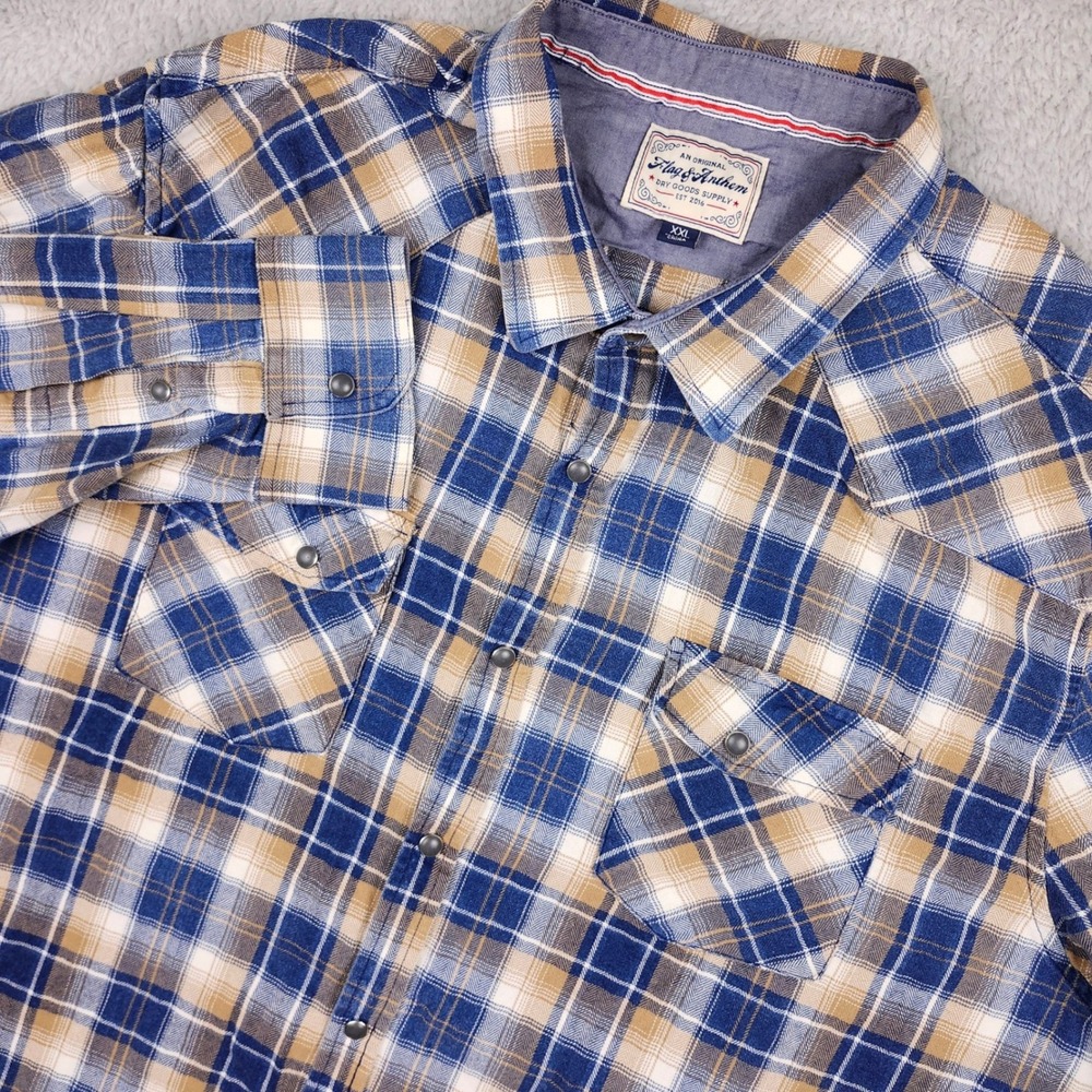 Flag & Anthem Flannel Shirt Mens XXL Blue Tan Plaid Western Snap Outdoors